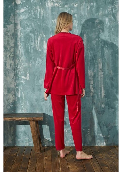 Kadın Pijama Takımı Soft Fransız Kadife Dantelli Sabahlıklı 3 Lü Takım fiyatları