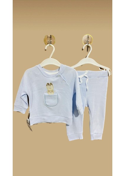 TAVŞANLI FİTİLLİ BEBEK ALT ÜST TAKIM PAMUK 3-6 / 18-24 AY BEBE MAVİSİ