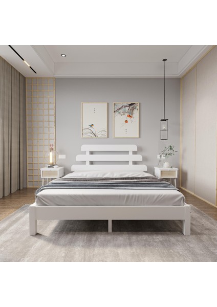 Lotus x Model Beyaz Renk Çam Ahşap Karyola