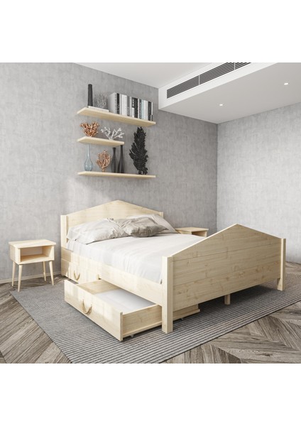 Milano Model Iki Çekmeceli Doğal Çam Ahşap Karyola