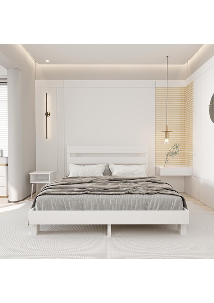 Natura New Model Beyaz Renk Çam Ahşap Karyola ve Iki Komodin Set