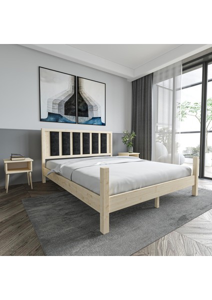 Orion Model Siyah Renk Puflu Başlıklı Doğal Çam Ahşap Karyola