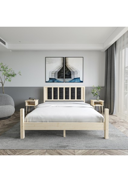 Orion Model Siyah Renk Puflu Başlıklı Doğal Çam Ahşap Karyola modelleri