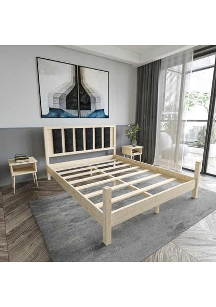 Orion Model Siyah Renk Puflu Başlıklı Doğal Çam Ahşap Karyola ve Iki Komodin Set