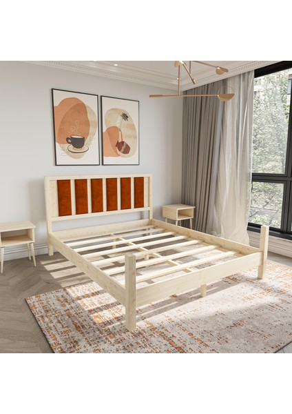 Orion Model Kiremit Renk Puflu Başlıklı Doğal Çam Ahşap Karyola ve Iki Komodin Set