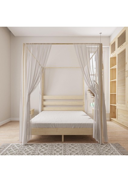Natura Model Cibindirik Askılıklı Vernikli Çam Ahşap Karyola ve Iki Komodin Set