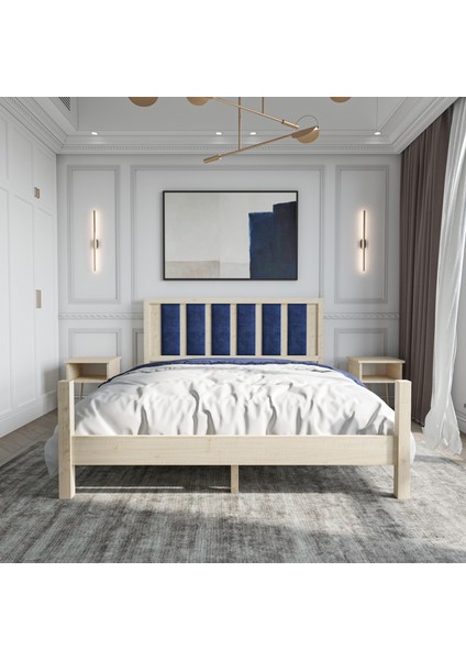 Orion Model Lacivert Renk Puflu Başlıklı Doğal Çam Ahşap Karyola ve Iki Komodin Set