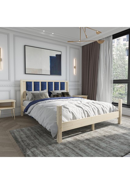 Orion Model Lacivert Renk Puflu Başlıklı Doğal Çam Ahşap Karyola ve Iki Komodin Set