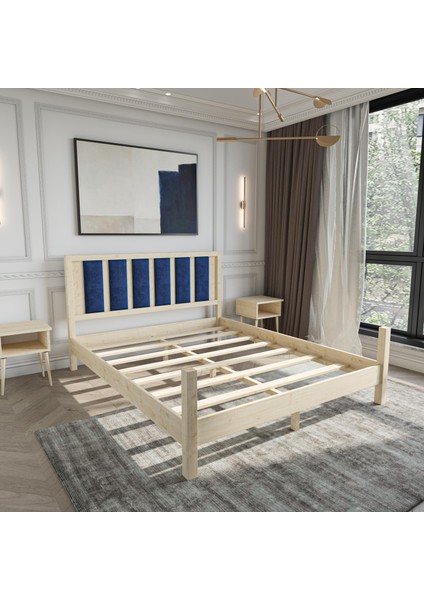 Orion Model Lacivert Renk Puflu Başlıklı Doğal Çam Ahşap Karyola ve Iki Komodin Set