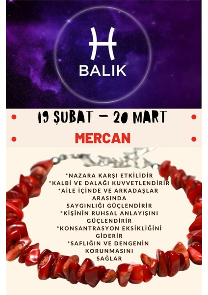 Burç Taşı Balık Burcu Mercan Taşı Bileklik