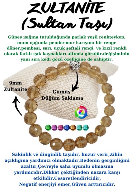 Zultanit (Sultan Taşı) Diyaspor Doğal Taş Renk Değiştiren Bileklik Faset Kesim 9 mm