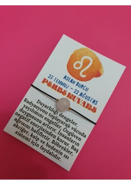 Aslan Burcu Pembe Kuvars Doğal Taş Ip Burç Bilekliği