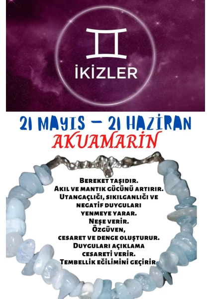 Doğal Taş Dünyası Sertifikalı Burç Taşı Ikizler Burcu Akuamarin Taşı Bileklik