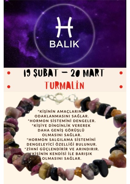 Sertifikalı Burç Taşı Balık Burcu Turmalin Taşı Bileklik