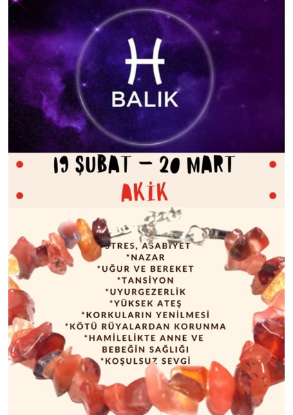 Sertifikalı Burç Taşı Balık Burcu Akik Taşı Bileklik