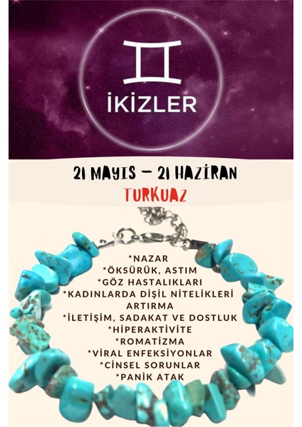 Doğal Taş Dünyası Sertifikalı Burç Taşı Ikizler Burcu Turkuaz Taşı Bileklik