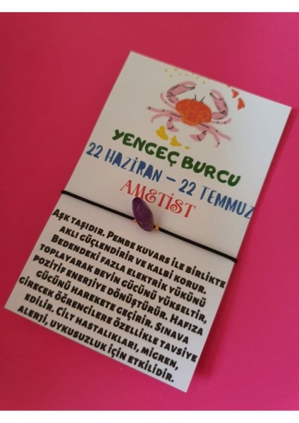 Doğal Taş Dünyası Sertifikalı Yengeç Burcu Ametist Doğal Taşlı Ip Burç Bilekliği