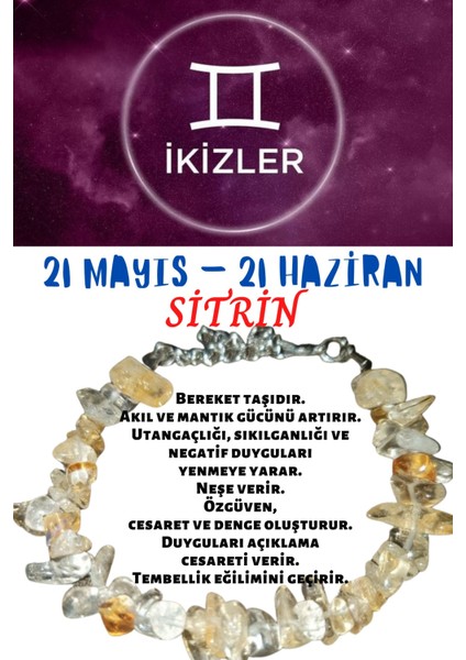 Sertifikalı Burç Taşı Ikizler Burcu Sitrin Taşı Bileklik