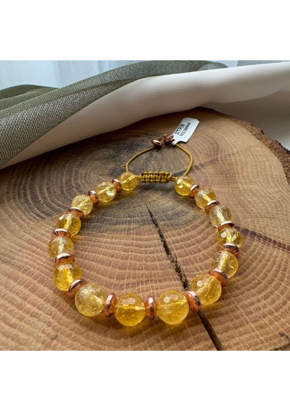 Sertifikalı 8 mm Sitrin ( Para Taşı) Faset Kesimli Makrome Ipli Bileklik