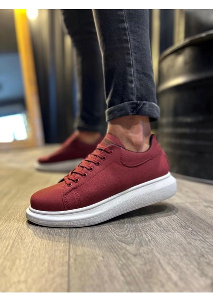 Bağcıklı Cilt Deri Ortopedik Yüksek Taban Bordo (Beyaz ) Erkek Günlük Sneaker Ayakkabı