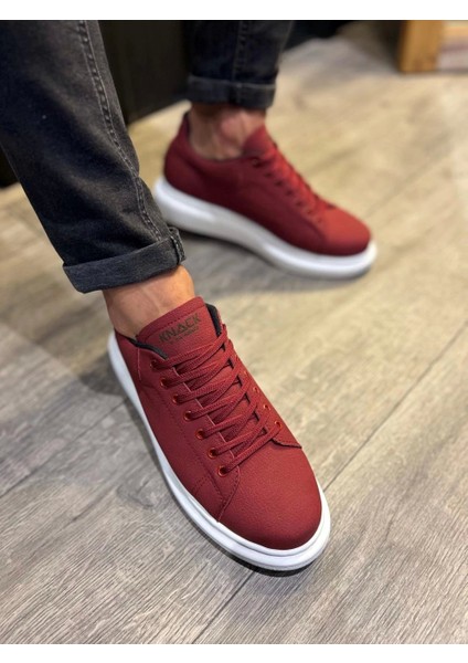 Bağcıklı Cilt Deri Ortopedik Yüksek Taban Bordo (Beyaz ) Erkek Günlük Sneaker Ayakkabı