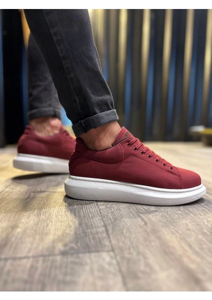 Bağcıklı Cilt Deri Ortopedik Yüksek Taban Bordo (Beyaz ) Erkek Günlük Sneaker Ayakkabı