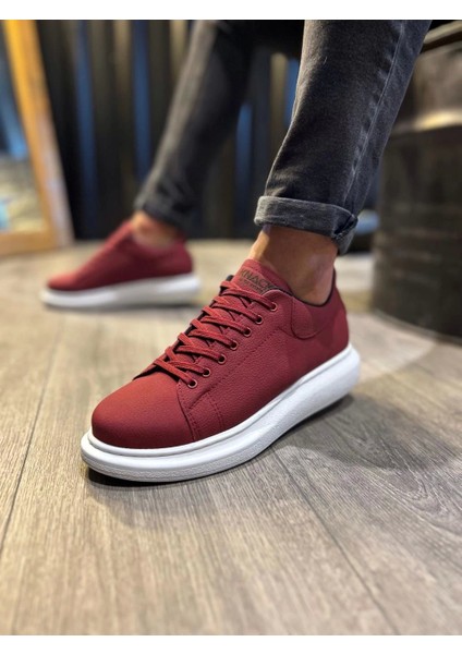 Bağcıklı Cilt Deri Ortopedik Yüksek Taban Bordo (Beyaz ) Erkek Günlük Sneaker Ayakkabı