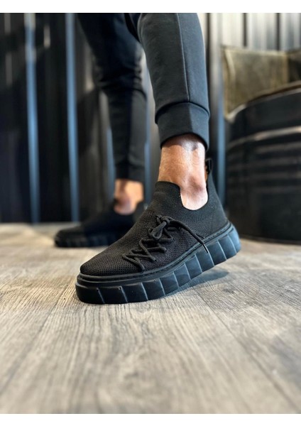 Bağcık Detaylı Triko Tasarımlı Ortopedik Yüksek Taban Siyah (Siyah ) Erkek Günlük Sneaker Ayakkabı