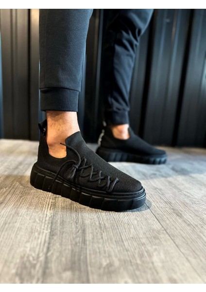Bağcık Detaylı Triko Tasarımlı Ortopedik Yüksek Taban Siyah (Siyah ) Erkek Günlük Sneaker Ayakkabı
