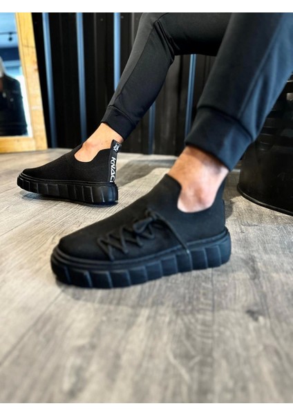 Bağcık Detaylı Triko Tasarımlı Ortopedik Yüksek Taban Siyah (Siyah ) Erkek Günlük Sneaker Ayakkabı
