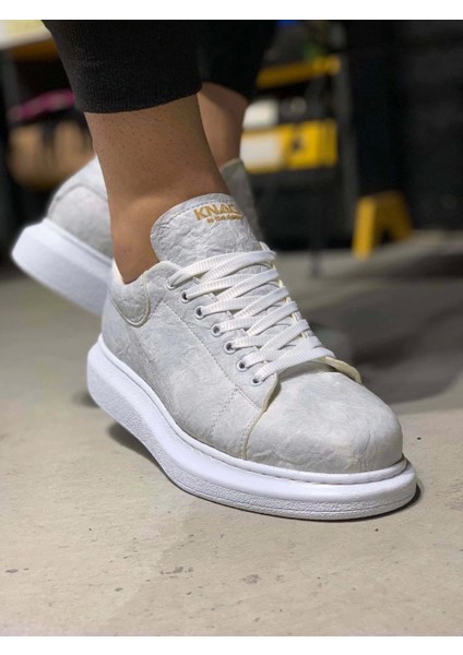 Bağcıklı Cilt Deri Ortopedik Yüksek Taban Beyaz Erkek Günlük Sneaker Ayakkabı