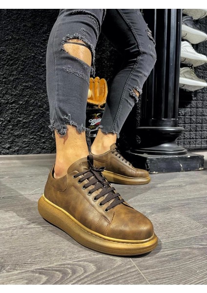 Bağcıklı Cilt Deri Ortopedik Yüksek Taban Kahverengi (Kahverengi ) Erkek Günlük Sneaker Ayakkabı