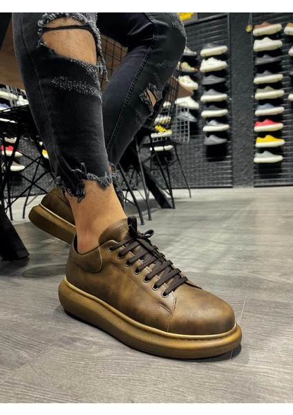 Bağcıklı Cilt Deri Ortopedik Yüksek Taban Kahverengi (Kahverengi ) Erkek Günlük Sneaker Ayakkabı modelleri