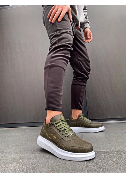 Bağcıklı Cilt Deri Ortopedik Yüksek Taban Haki Erkek Günlük Sneaker Ayakkabı