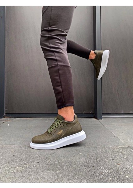 Bağcıklı Cilt Deri Ortopedik Yüksek Taban Haki Erkek Günlük Sneaker Ayakkabı