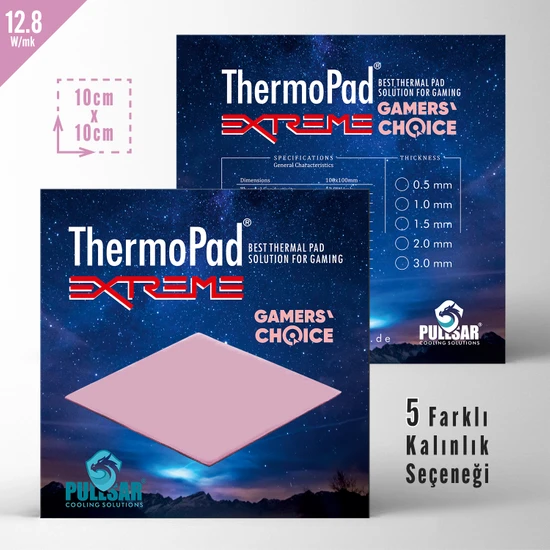 Pullsar Thermopad Extreme - 100x100 mm | 2,0 mm Kalınlık | 12,8 W/m-K İletkenlik ile Bilgisayarınız İçin Güçlü Soğutma Çözümü!