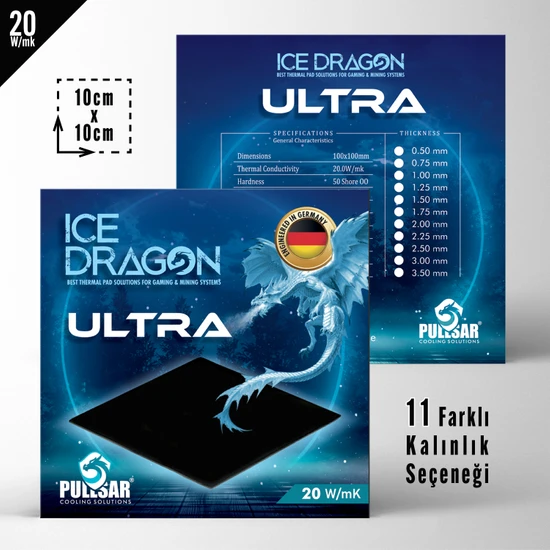 Pullsar Ice Dragon® Ultra Thermal/Termal Pad - 100x100 mm Boyut, 1,00 mm Kalınlık, 20.0 W/m-K İletkenlik, Yüksek Performans ve İletken Termal Pad !