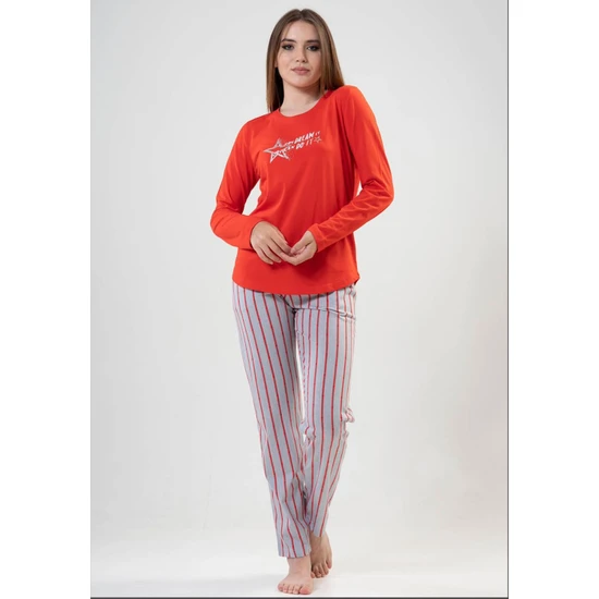 Vera Moda Tarz Vienetta Bayan Yıldız Kırmızı Kiremit Çizgili - Uzun Kollu Pijama Takımı