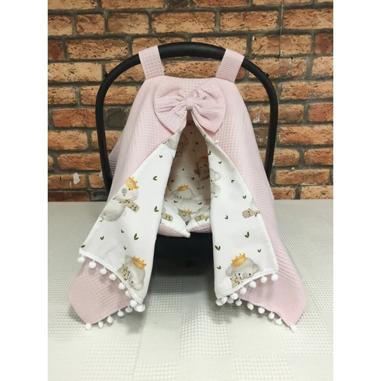 Buse Baby Home Pembe Pikeli ve Poplin Kumaş, Ponponlu Puset Örtüsü ve Puset Minderi 2'li Set