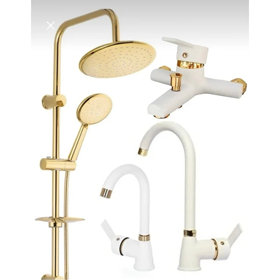 Bdl Armatür Altın Gold Robot Set,beyaz Gold Banyo,lavabo,mutfak Eviye Musluğu Bataryası 4’lü Set