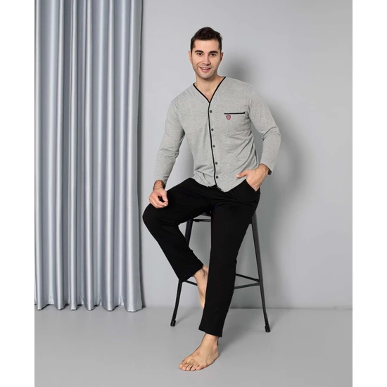 Bie's Erkek Siyah V Yaka Önden Düğmeli Gömlek Yaka Göğüs Cepli Viskon Pamuk Cepli Uzun Kol Pijama Takımı