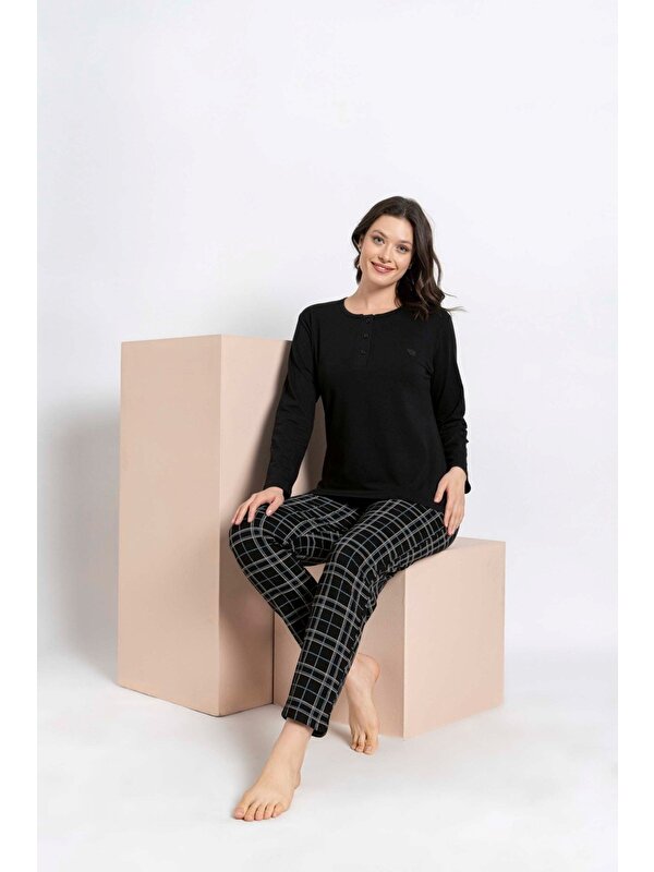 Bie's Kadın Siyah Ekose Modal Uzun Kol Cepli Eş Sevgili Çift Pijama Takımı-tek Ürün Fiyatı-sevgililer Günü