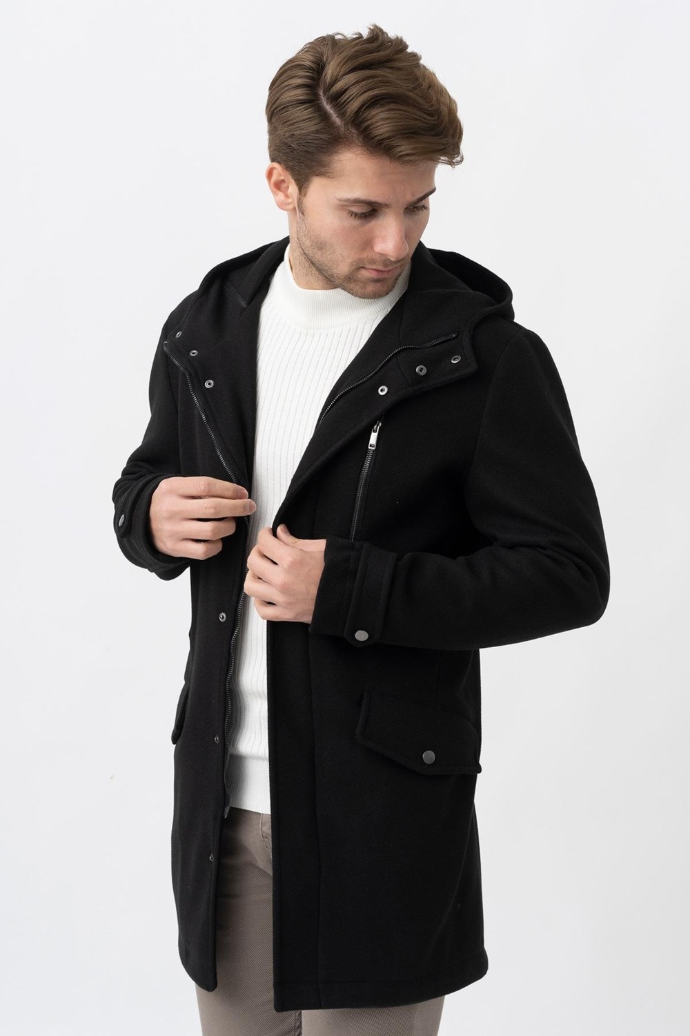 White Stone Siyah Slim Fit Kapüşonlu Fermuar Kapamalı Cepli Kaşe Kaban görsel 2