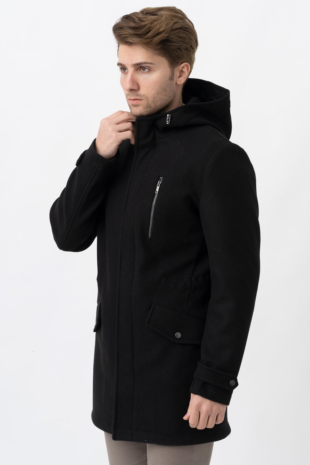 White Stone Siyah Slim Fit Kapüşonlu Fermuar Kapamalı Cepli Kaşe Kaban görsel 4