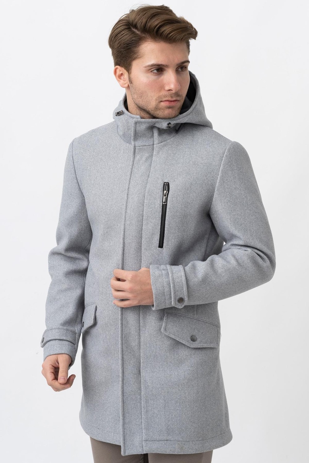 White Stone Gri Slim Fit Kapüşonlu Fermuar Kapamalı Cepli Kaşe Kaban