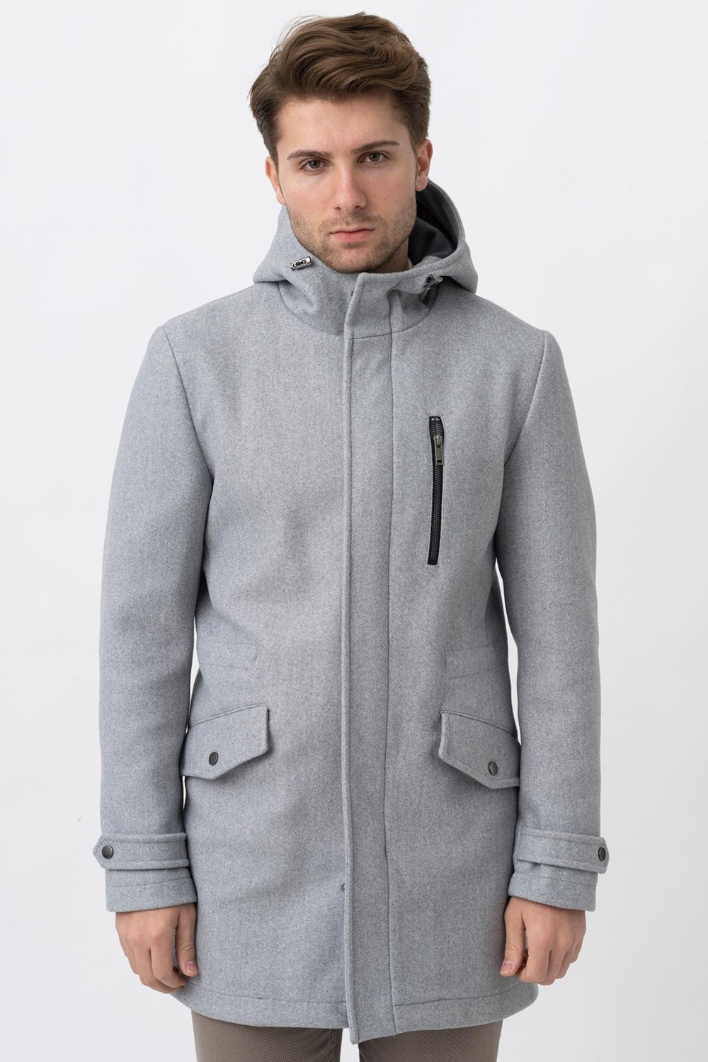 White Stone Gri Slim Fit Kapüşonlu Fermuar Kapamalı Cepli Kaşe Kaban görsel 2