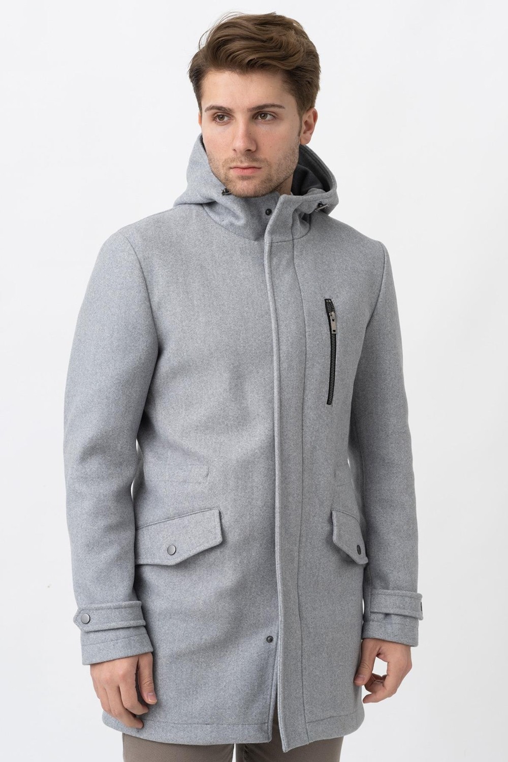 White Stone Gri Slim Fit Kapüşonlu Fermuar Kapamalı Cepli Kaşe Kaban görsel 3