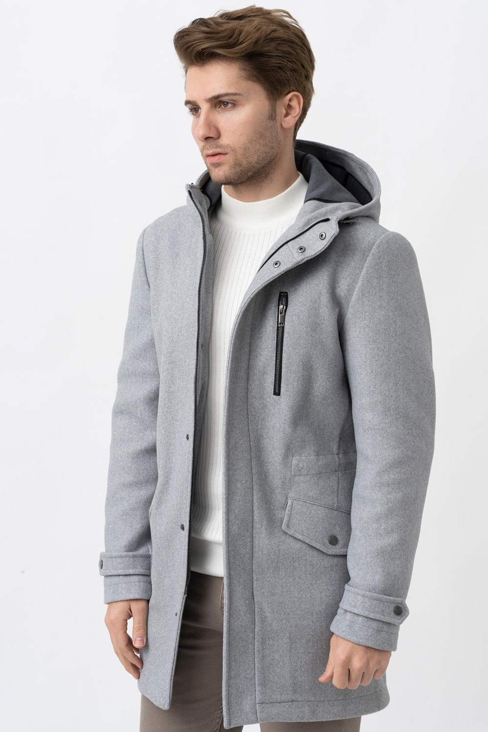 White Stone Gri Slim Fit Kapüşonlu Fermuar Kapamalı Cepli Kaşe Kaban görsel 4