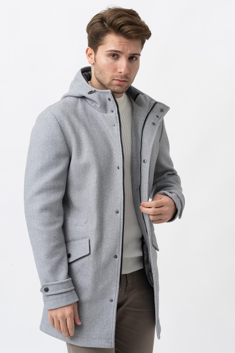 White Stone Gri Slim Fit Kapüşonlu Fermuar Kapamalı Cepli Kaşe Kaban görsel 5