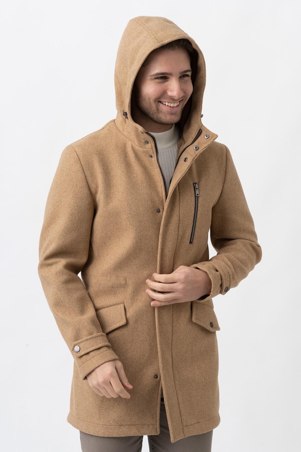 White Stone Bej Slim Fit Kapüşonlu Fermuar Kapamalı Cepli Kaşe Kaban görsel 2